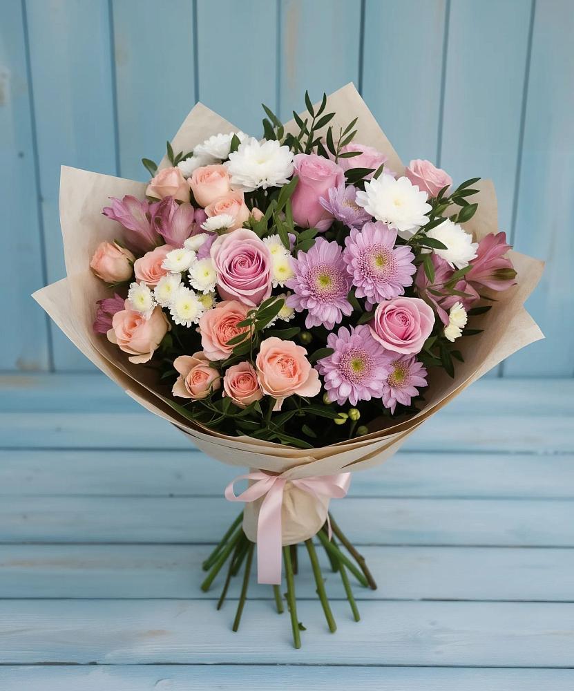 Букет цветов из: Хризантемы, Розы и Альстромерии в Нижний Кисляй