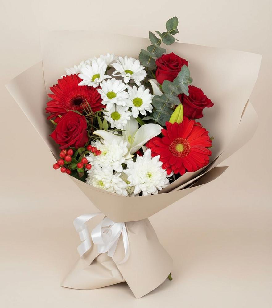 Букет цветов из: Розы, Хризантемы, Герберы и Лилии в Нижний Кисляй