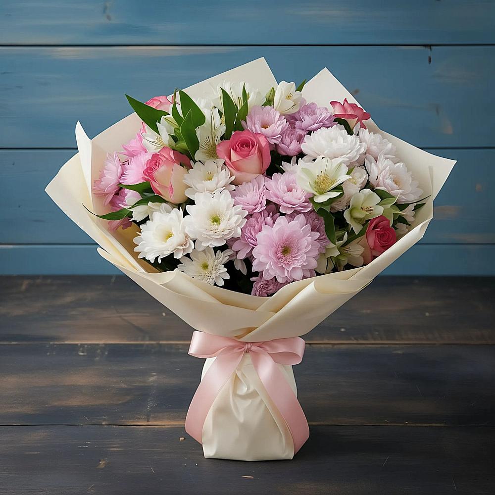 Букет цветов из: Хризантемы, Альстромерии и Розы в Нижний Кисляй